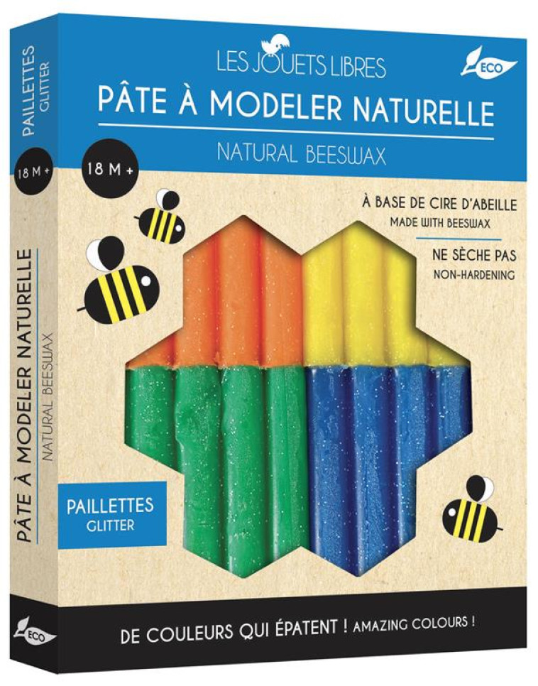 PATE A MODELER CIRE D'ABEILLE - 4 COULEURS PAILLETEES - JOUET - XXX - NC