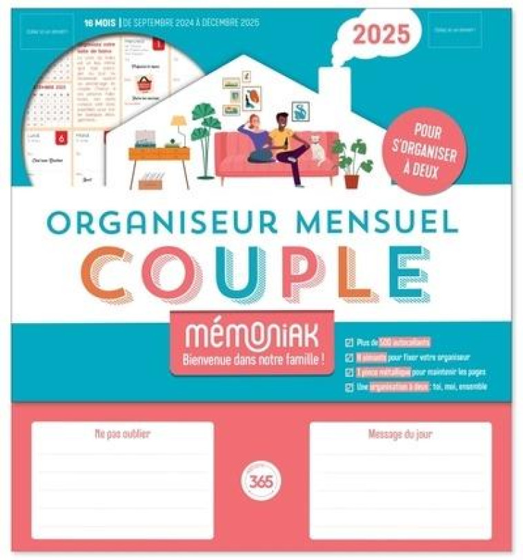 ORGANISEUR MEMONIAK SPECIAL COUPLE, CALENDRIER MENSUEL (SEPT. 2024- DEC. 2025) - XXX - NC