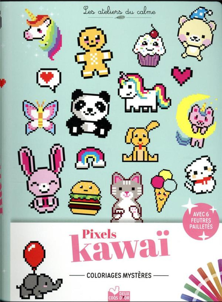 COLORIAGES PIXEL KAWAII - POCHETTE 6 FEUTRES PAILLETES - COLLECTIF - HACHETTE