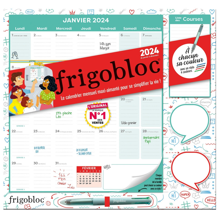 Frigobloc Mensuel 2024 avec Stylo 4 couleurs (de janv. à déc. 2024) -   - PLAY BAC