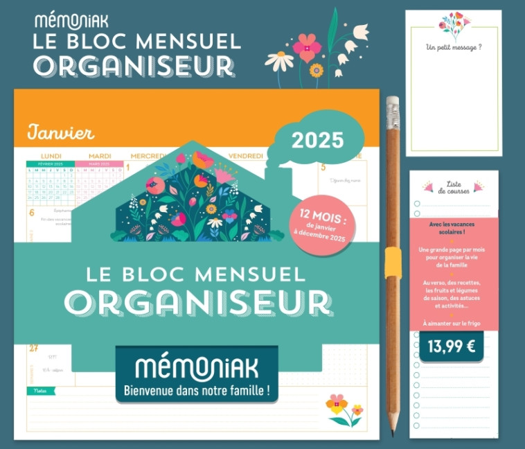 Le Bloc mensuel organiseur Mémoniak 2025 - Floral - XXX - 365 PARIS