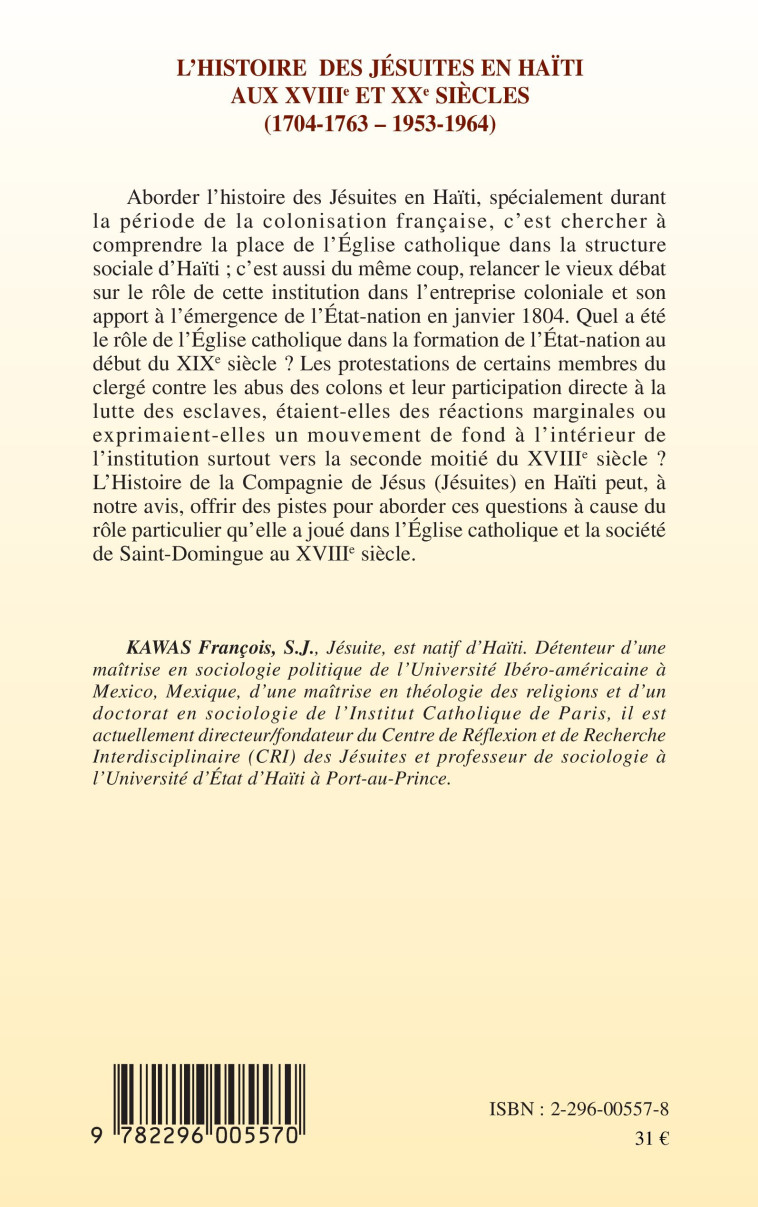 L'histoire des Jésuites en Haïti - François Kawas - L'HARMATTAN