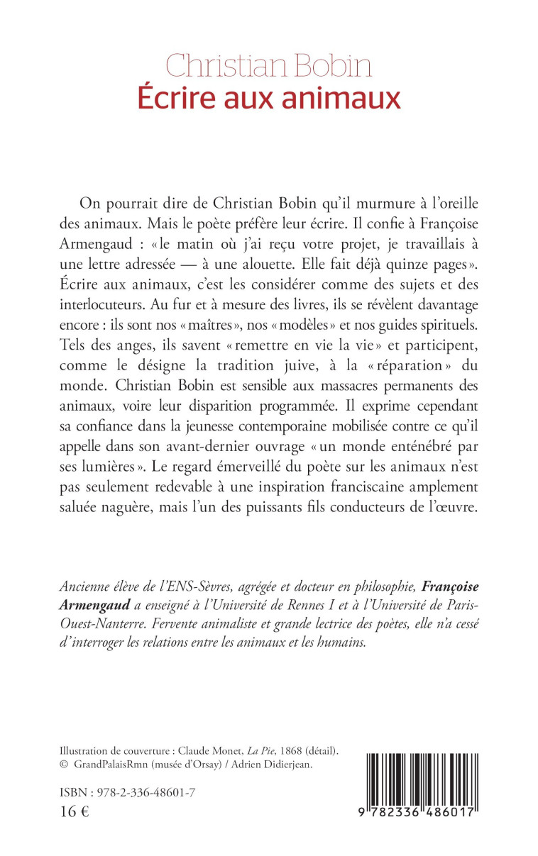 Christian Bobin Écrire aux animaux - Françoise Armengaud - L'HARMATTAN