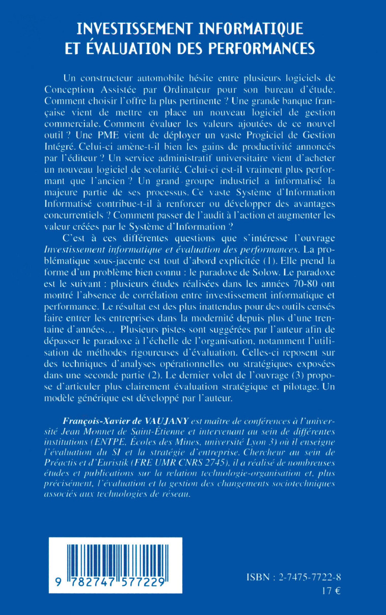 Investissements informatique et évaluation des performances - François-Xavier De Vaujany - L'HARMATTAN