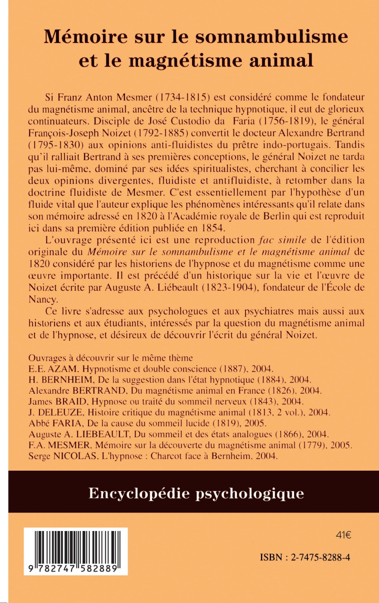 Mémoire sur le somnambulisme et le magnétisme animal - François-Joseph Noizet - L'HARMATTAN