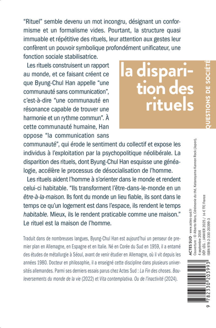 La Disparition des rituels - Byung-Chul Han, Olivier Mannoni, Byung-Chul Han, Olivier Mannoni - ACTES SUD